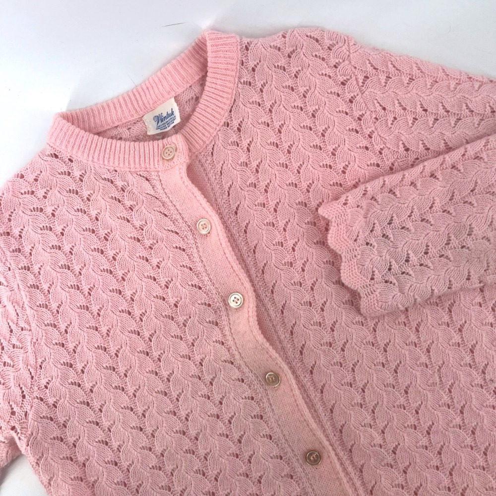 Vintage Wintuk Pink Pointelle Knit Cardigan Scalloped Edge Orlon Acrylic Sweater